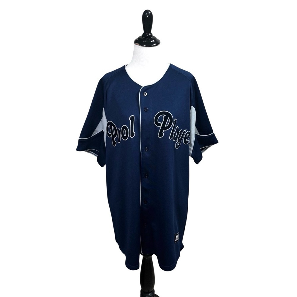 Russell Athletic Men's L Large Baseball Shirt "Pool Player" Button Down Blue